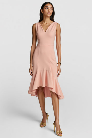 Blush Mermaid V Neck Midi Work Dress with Ruffles